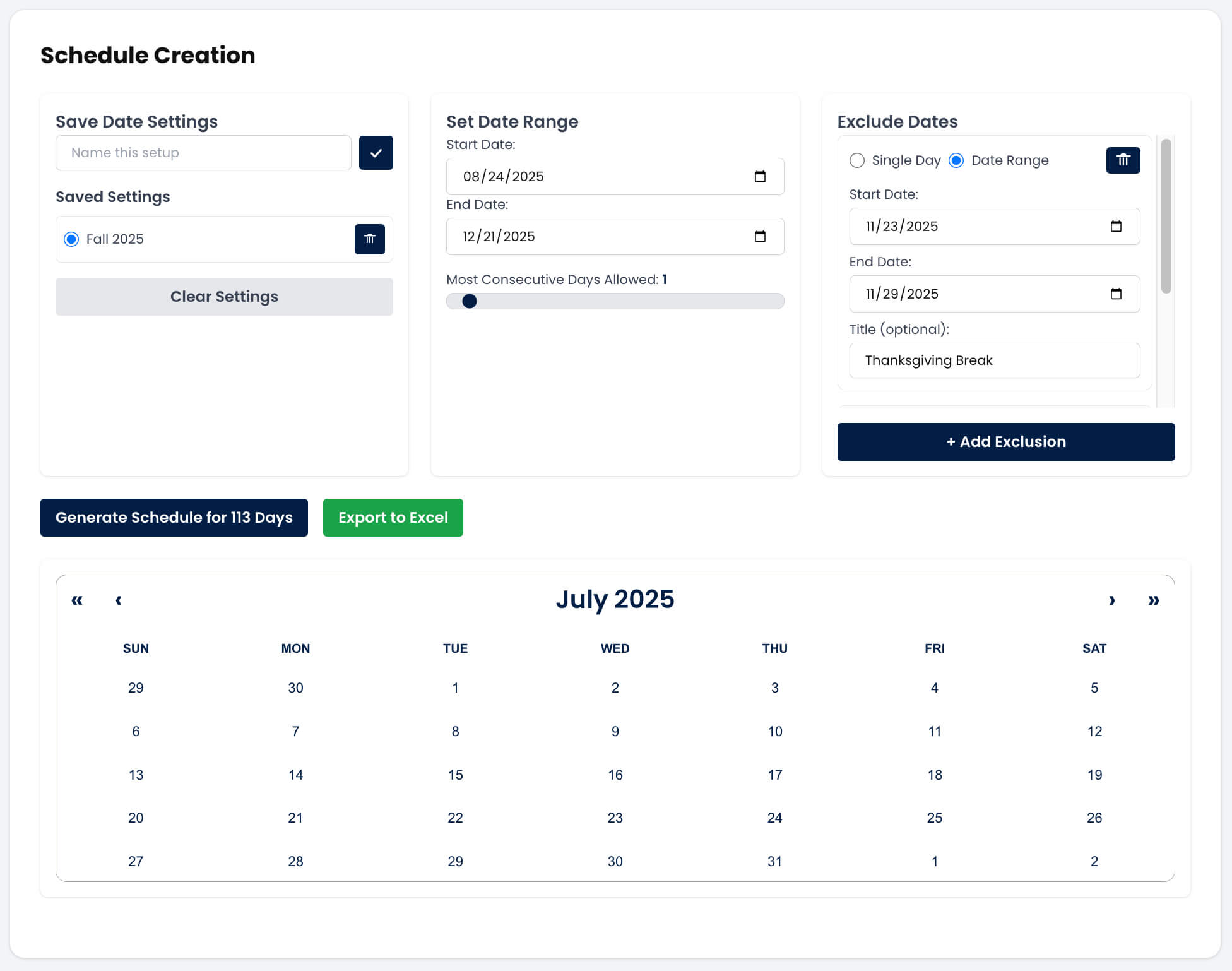 Screenshot of schedule customization interface